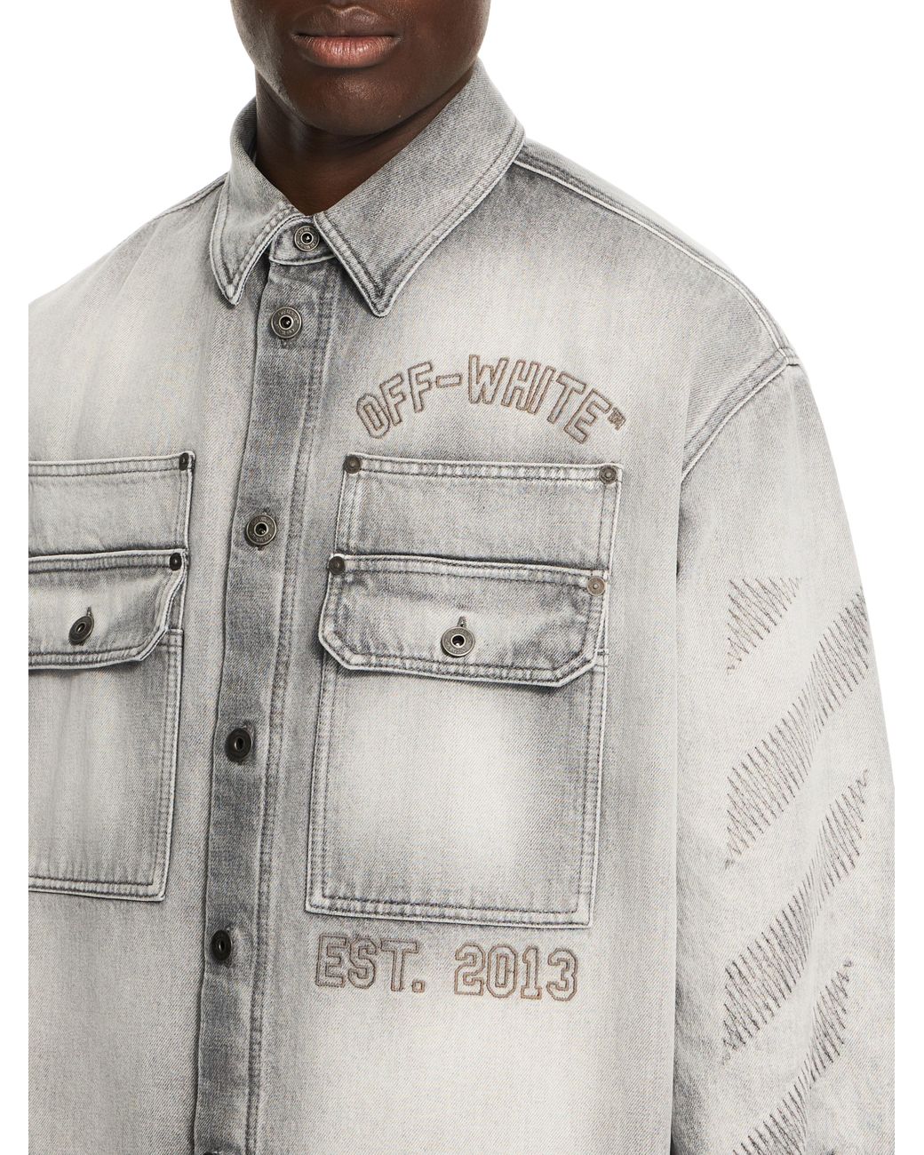Off-White c/o Virgil Abloh Gray Diagonal Embroidered Denim Military Overshirt for men