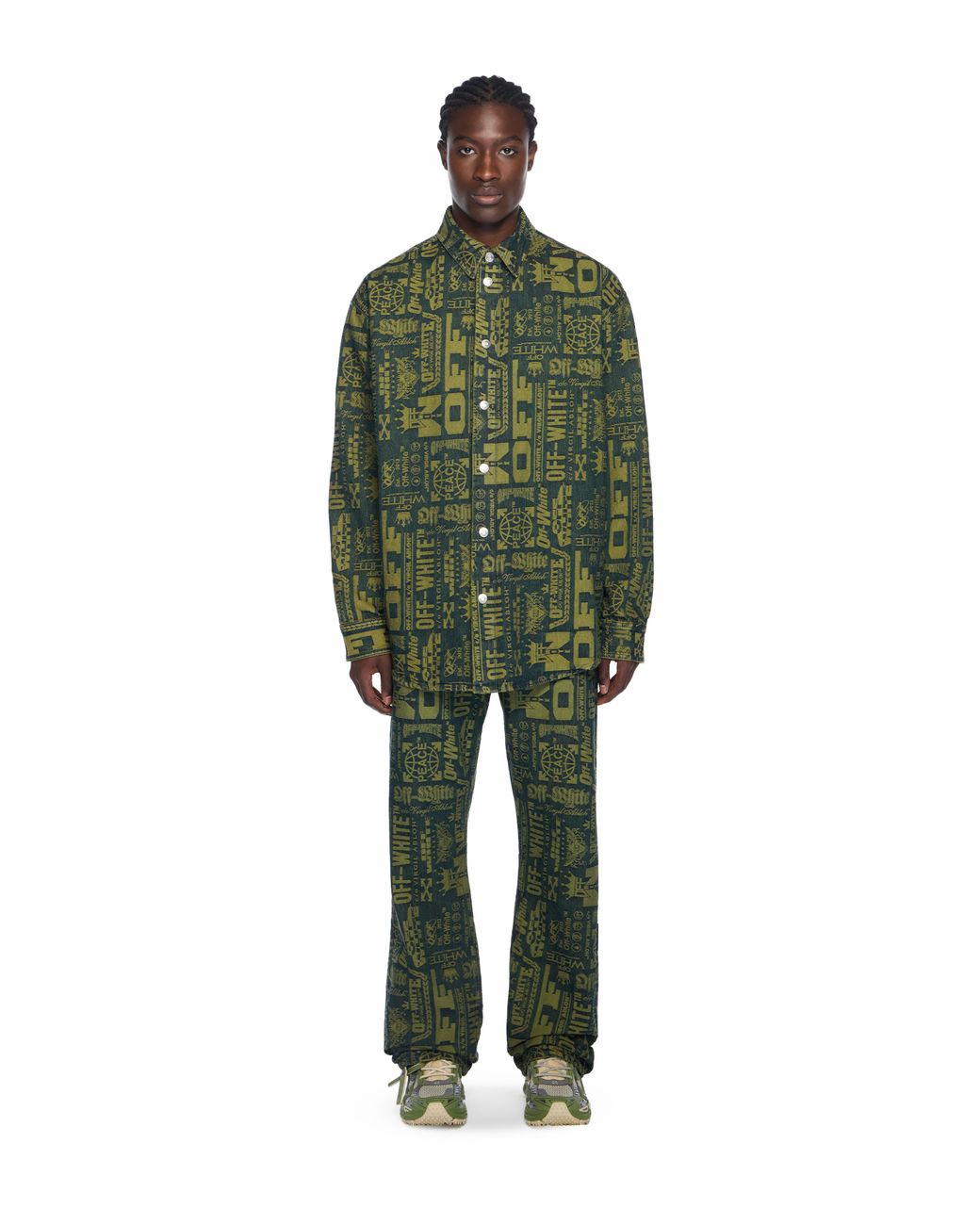 Off-White c/o Virgil Abloh Green Multilogo Jacquard Denim Shirt for men