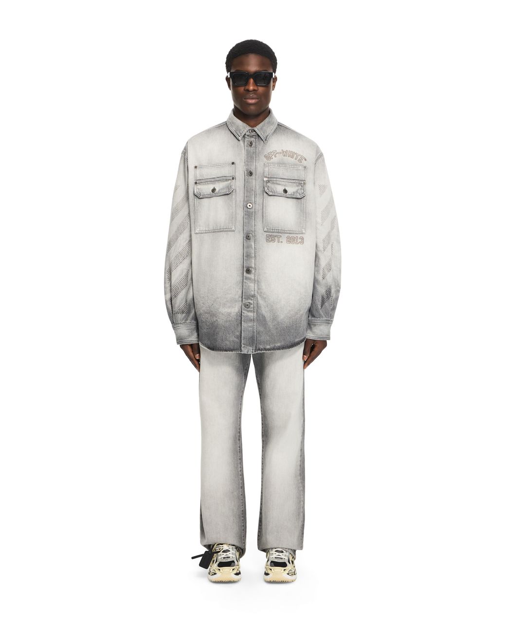 Off-White c/o Virgil Abloh Gray Diagonal Embroidered Denim Military Overshirt for men