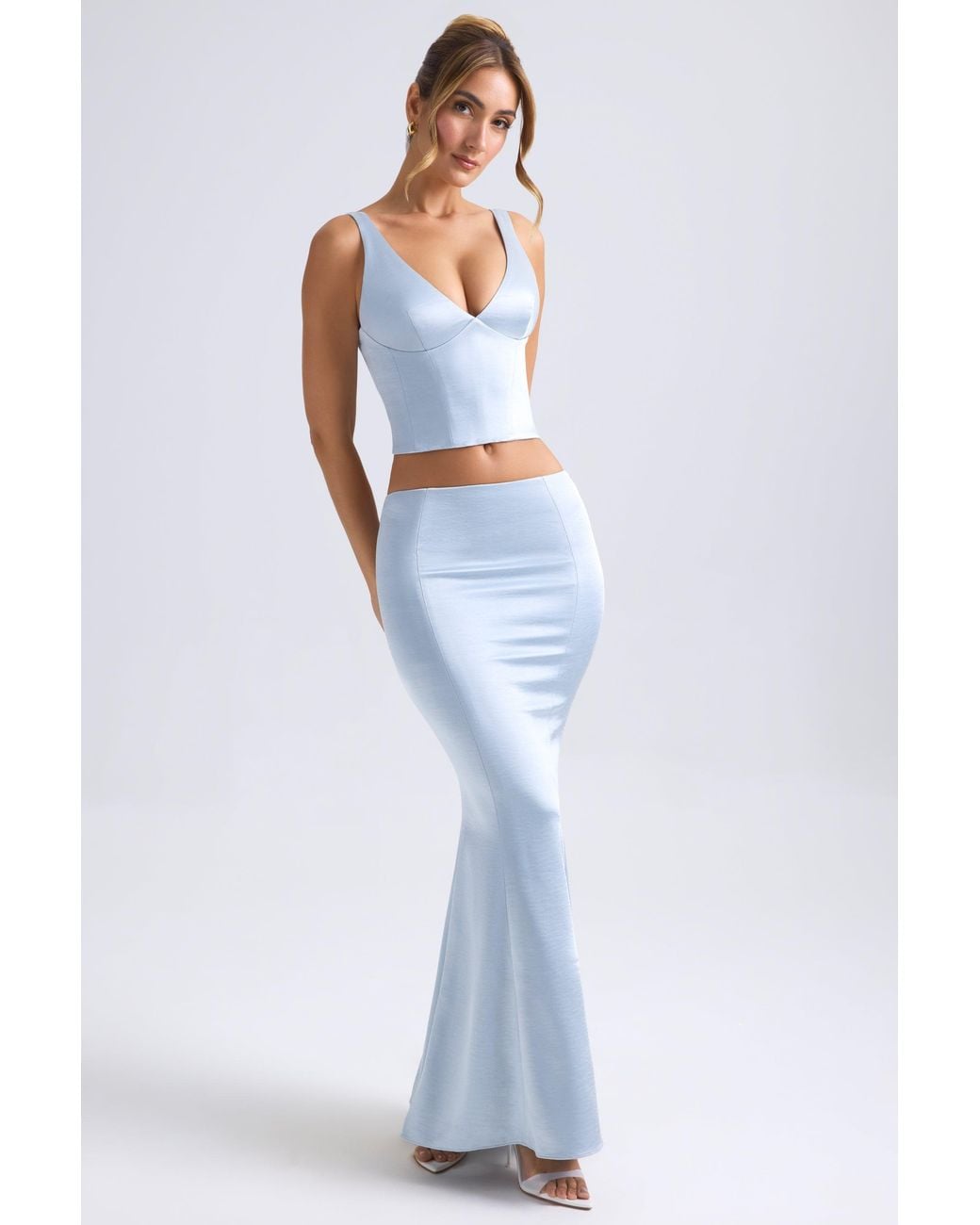 Oh Polly Blue Mid-Rise Fishtail Maxi Skirt