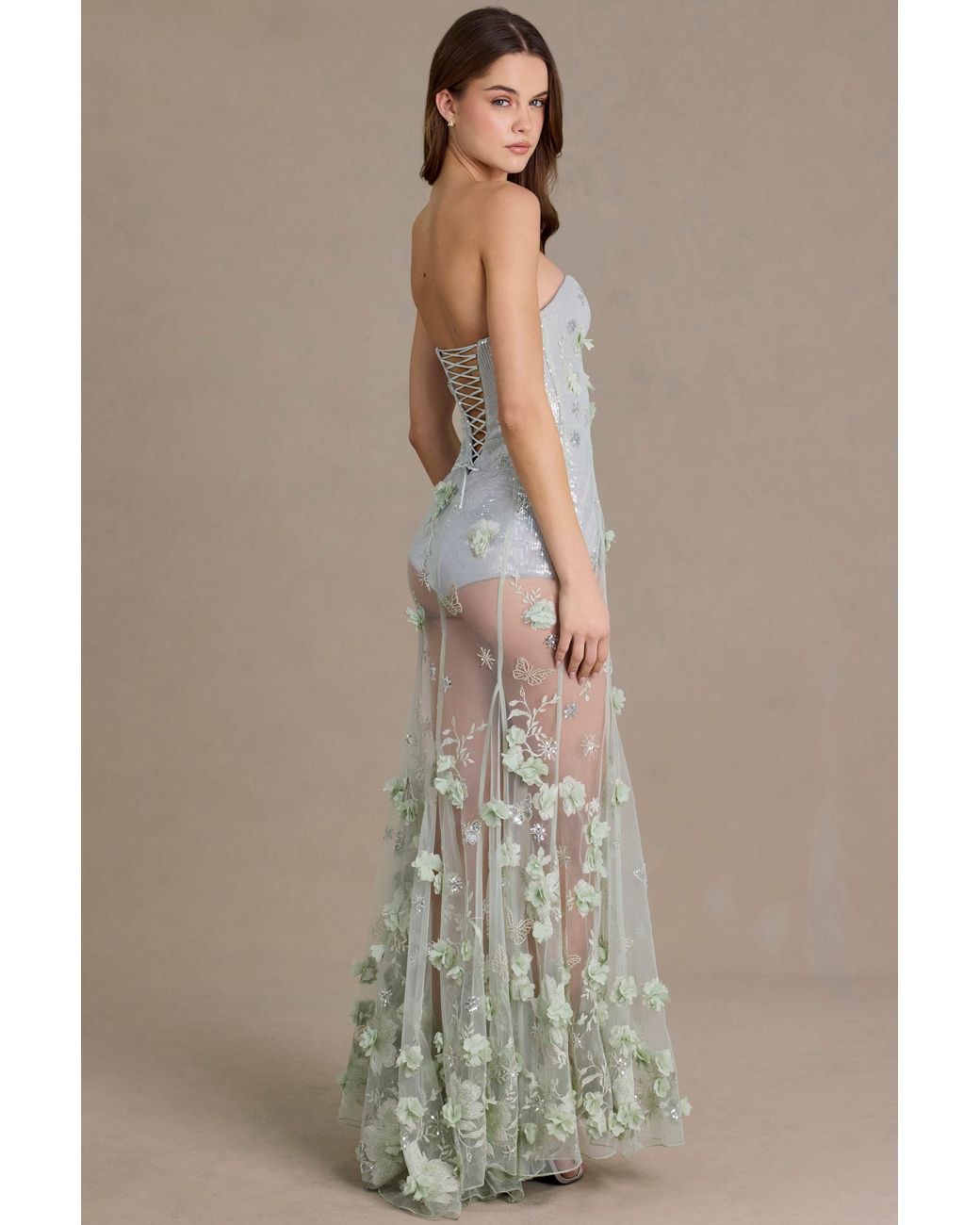 Oh Polly Green Embellished Tulle Corset Gown