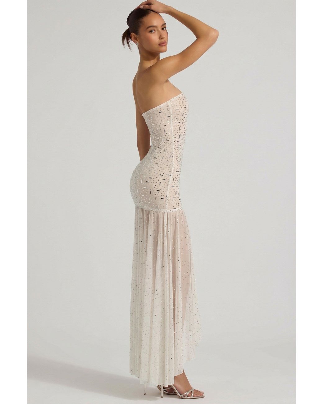 Oh Polly White Semi-Sheer Embellished Asymmetric Maxi Dress