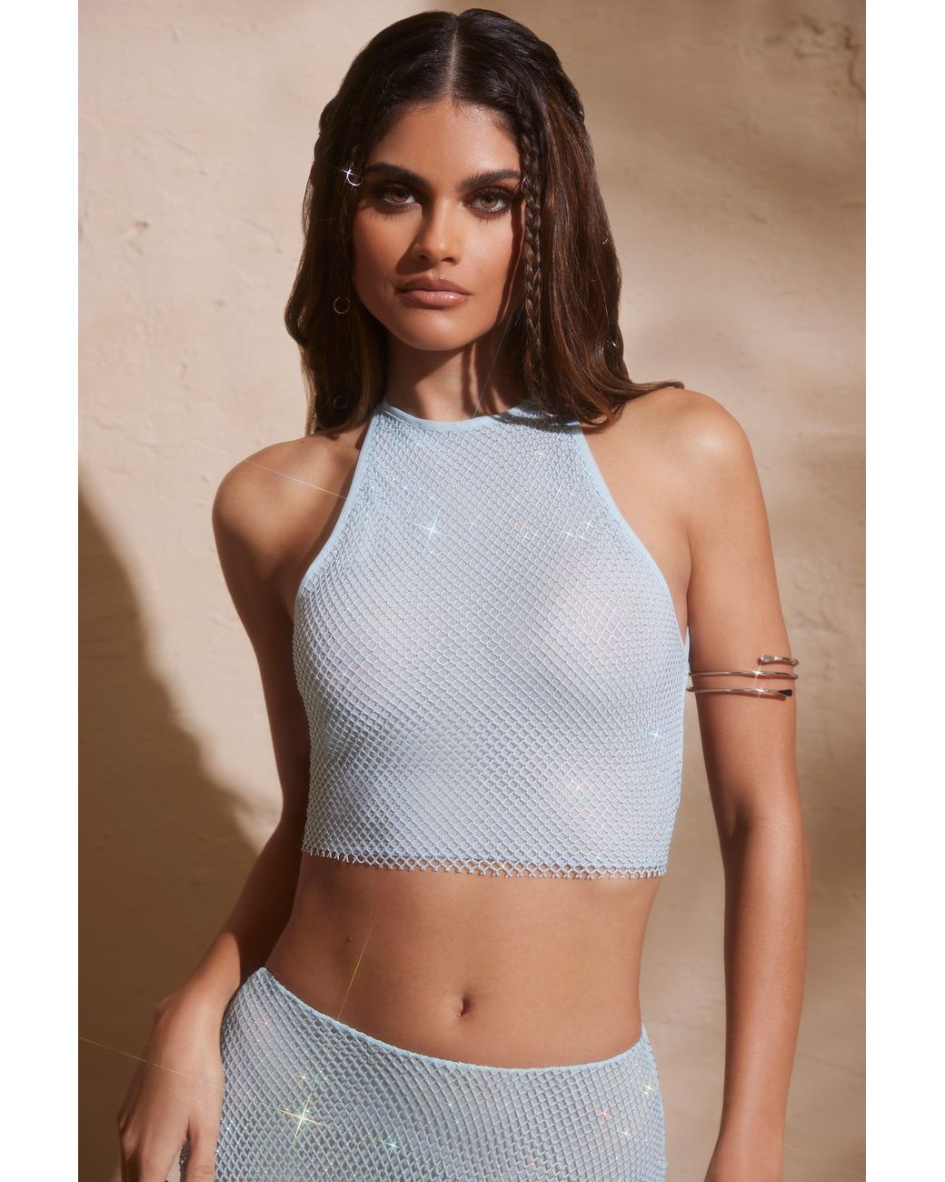 Oh Polly Blue Embellished Racer Neck Open Back Crop Top
