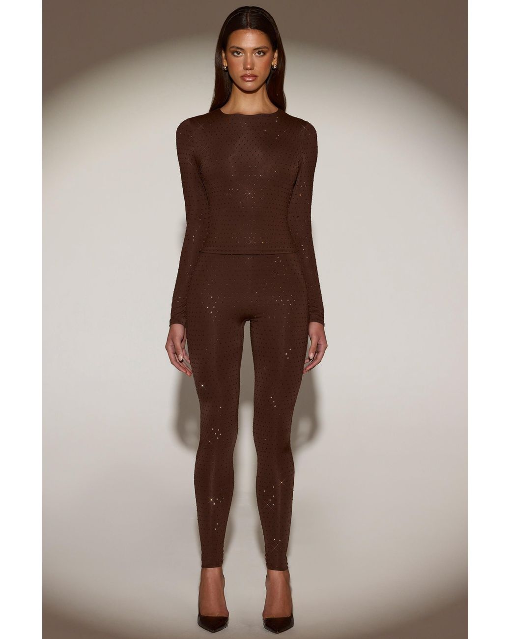 Oh Polly Brown Embellished Crew-Neck Long-Sleeve Top