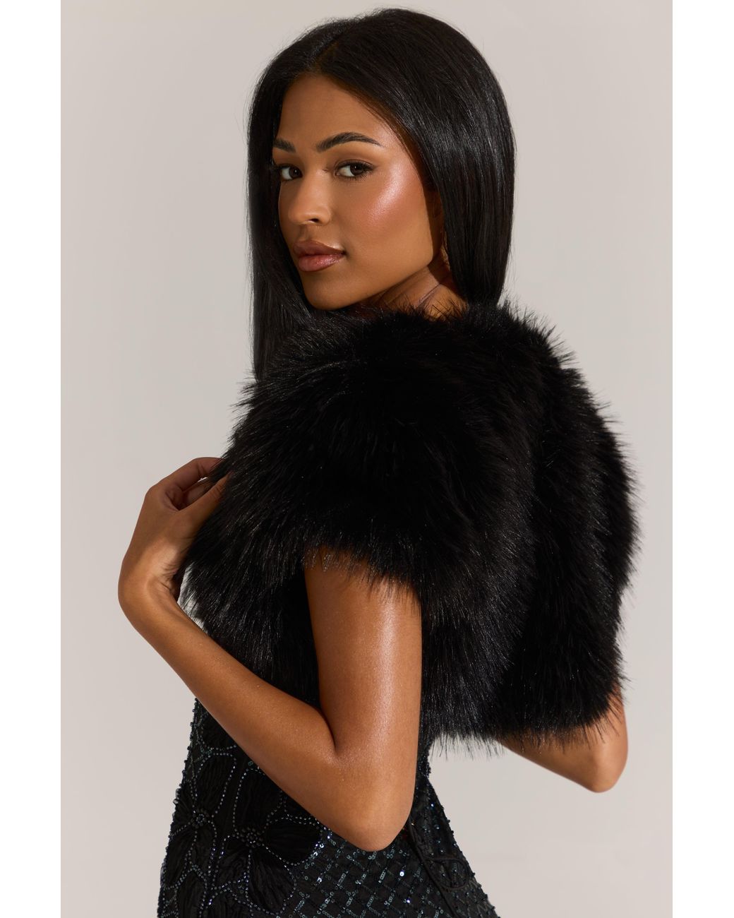 Oh Polly Black Faux-Fur Short Sleeve Bolero