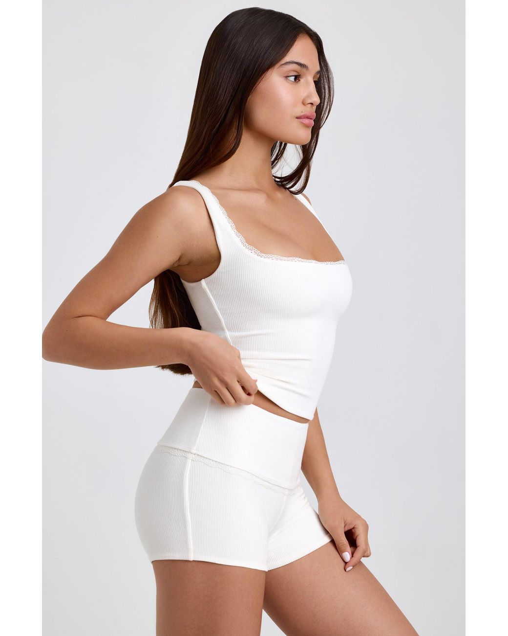 Oh Polly White Ribbed Modal Lace-Trim Tank Top