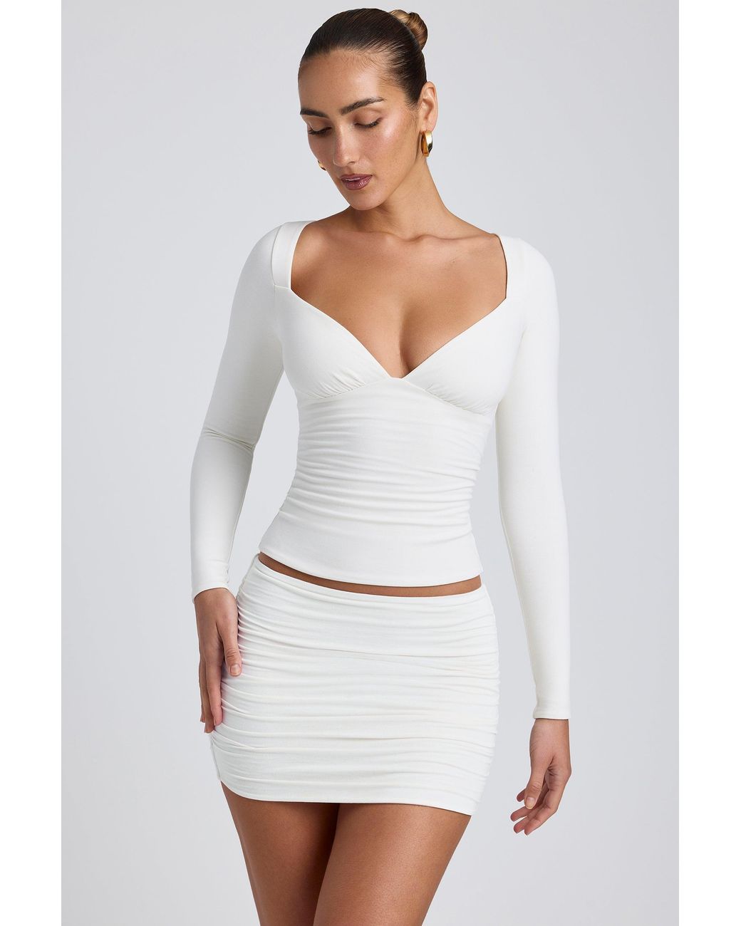 Oh Polly White Modal Ruched Long-Sleeve Top