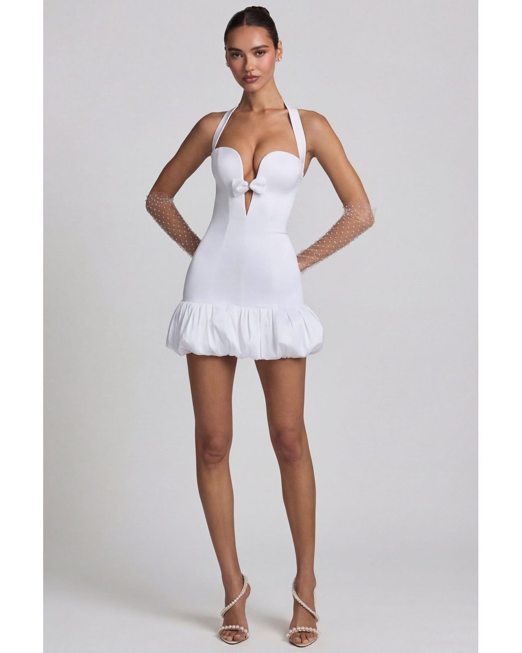 Oh Polly White Bow-Detail Halterneck Bubble Hem Mini Dress
