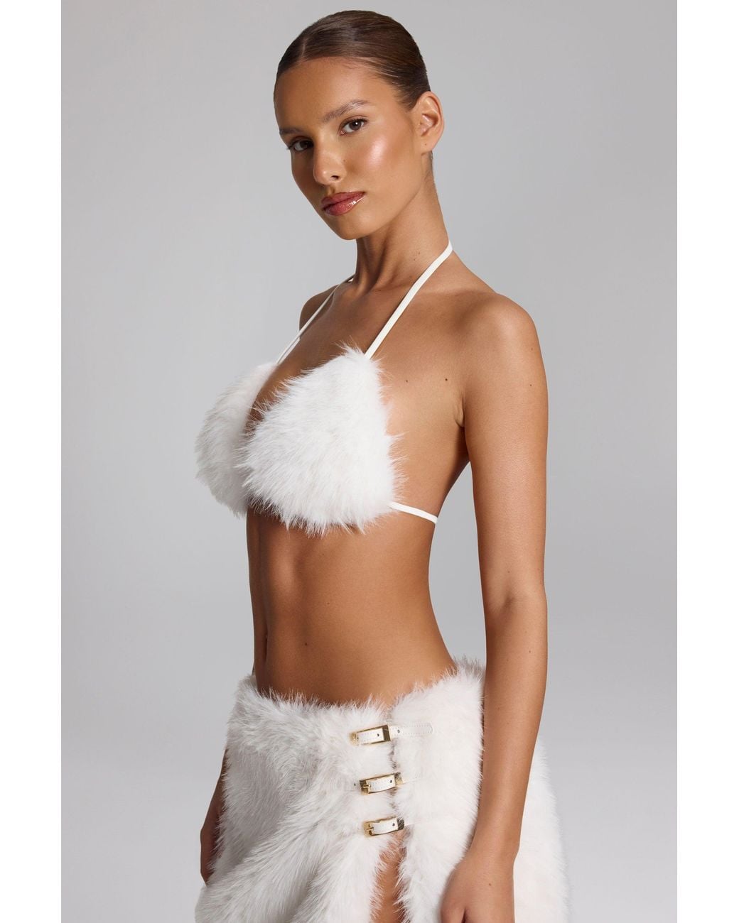 Oh Polly White Faux Fur Triangle Bralette