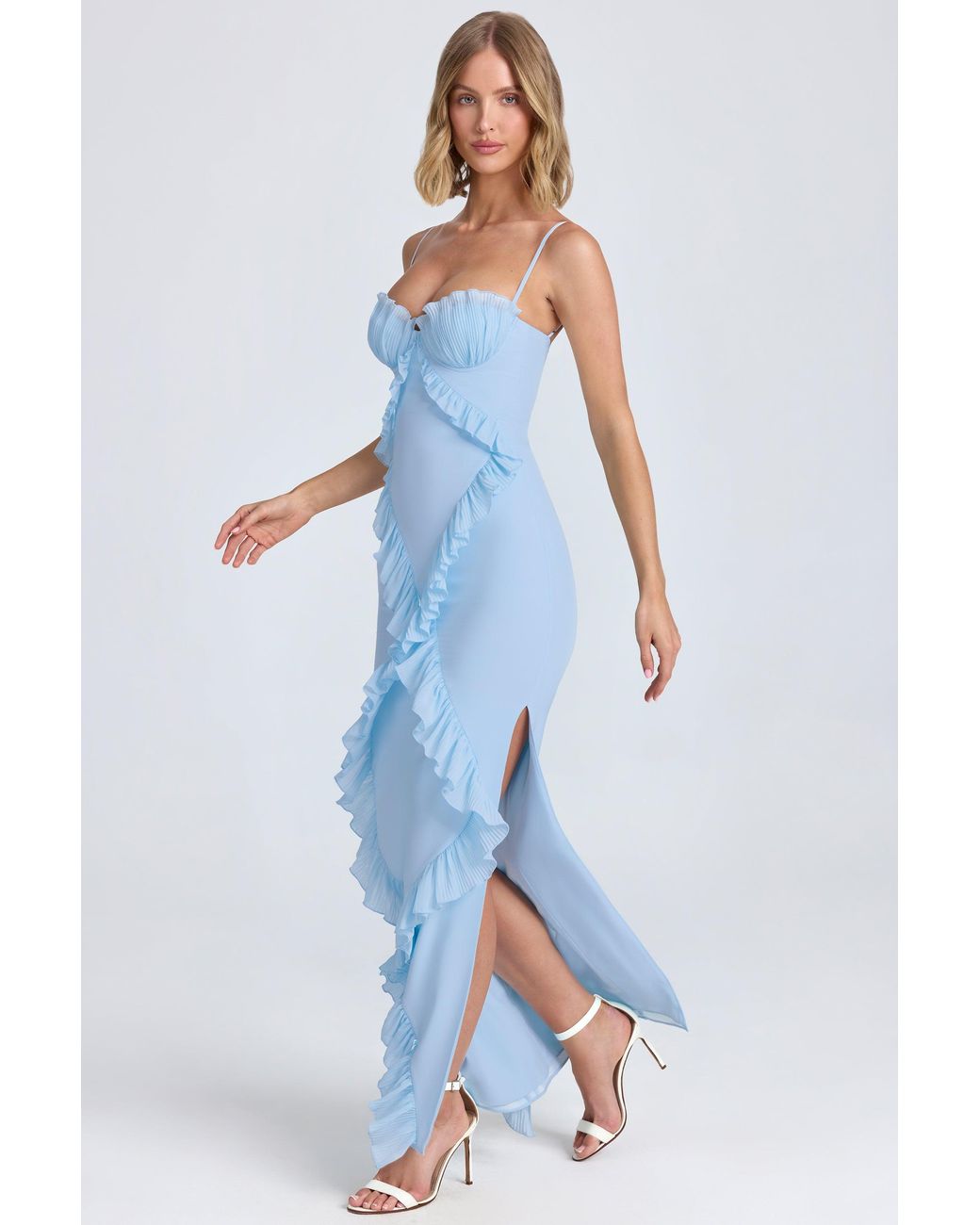 Oh Polly Blue Plissé Ruffle-Trim Maxi Dress