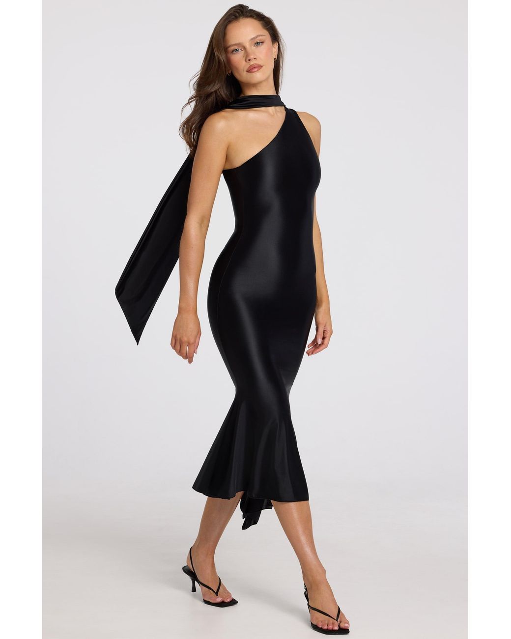 Oh Polly Black Asymmetric Scarf-Detail Midaxi Dress