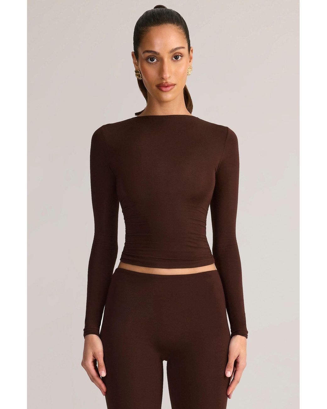 Oh Polly Brown Modal Ruched Long-Sleeve Top