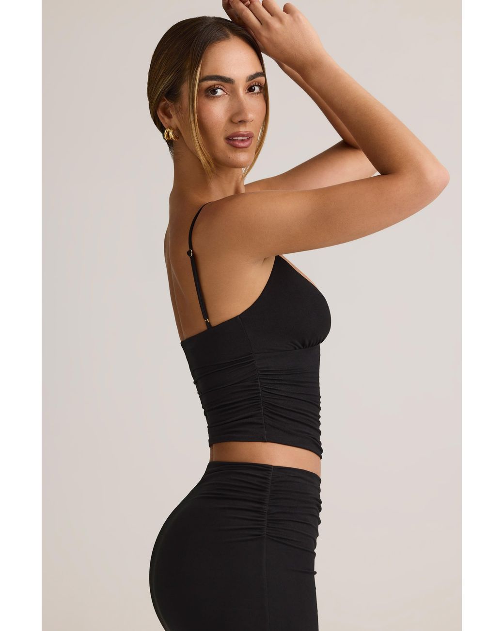 Oh Polly Black Modal V-Neck Ruched Camisole Top