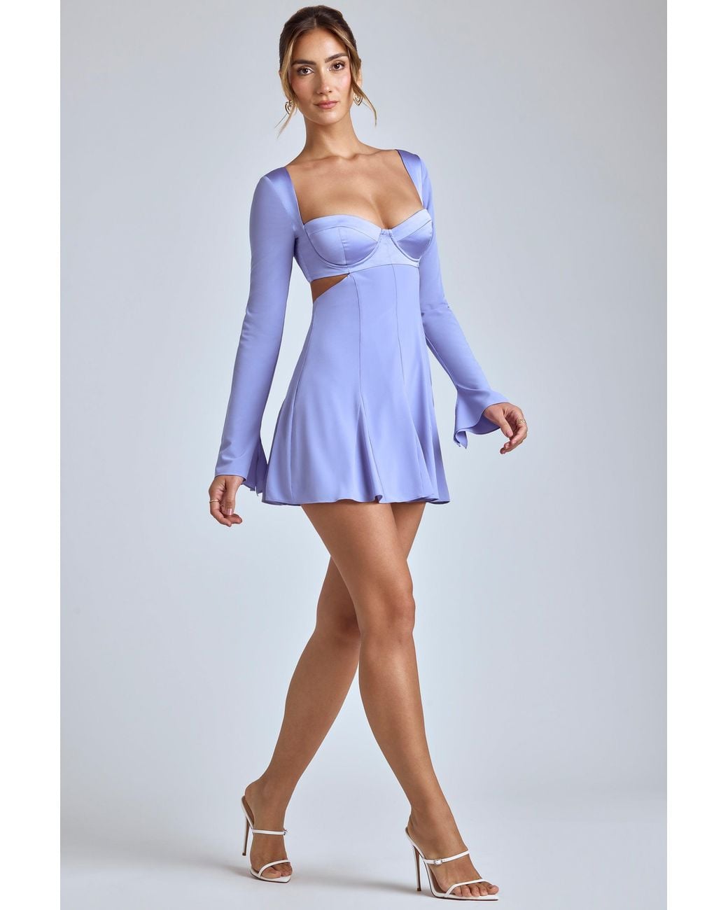 Oh Polly Blue Long Sleeve Godet Mini Dress