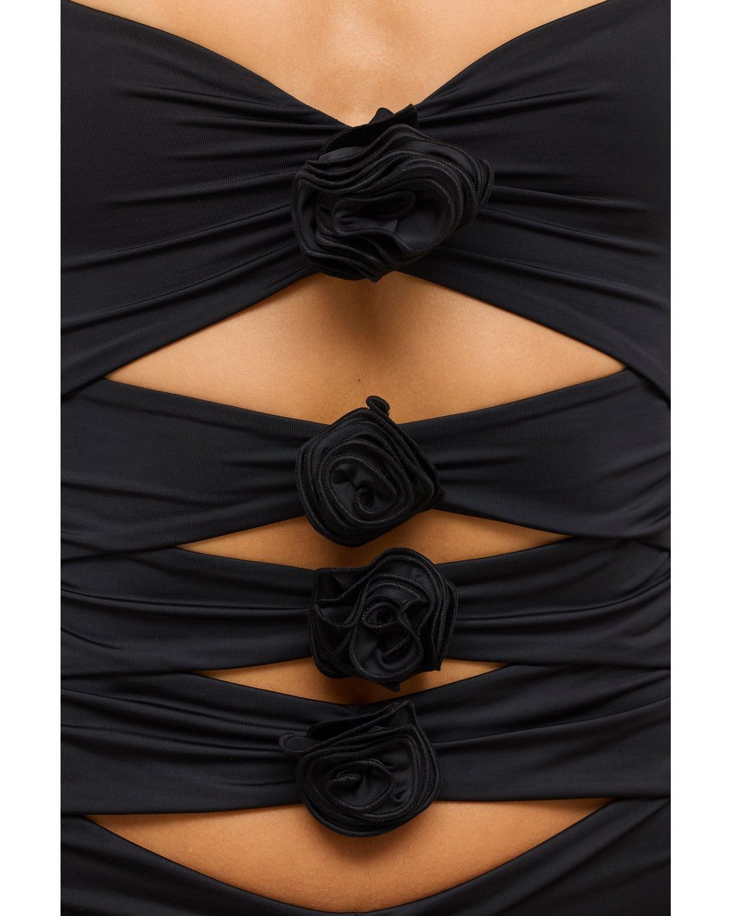 Oh Polly Black Slinky Jersey Rose Detail Cut Out Mini Dress