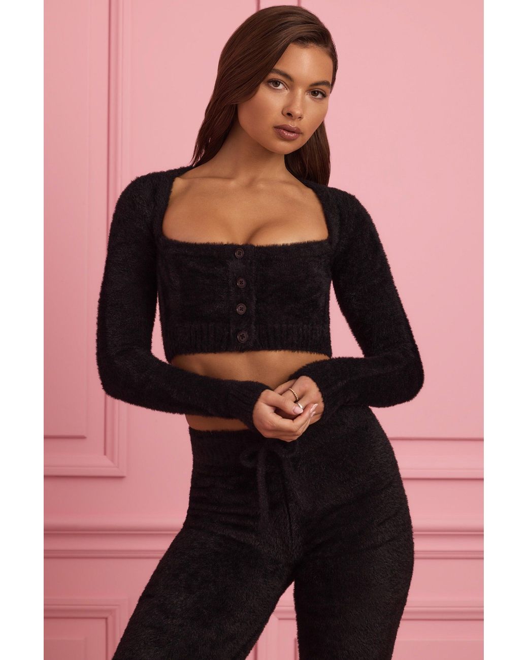 Oh Polly Black Fluffy Knit Cropped Cardigan