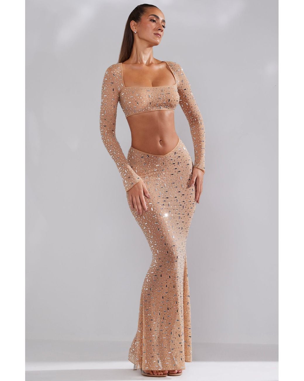 Oh Polly Natural Sheer Embellished V-Waist Maxi Skirt