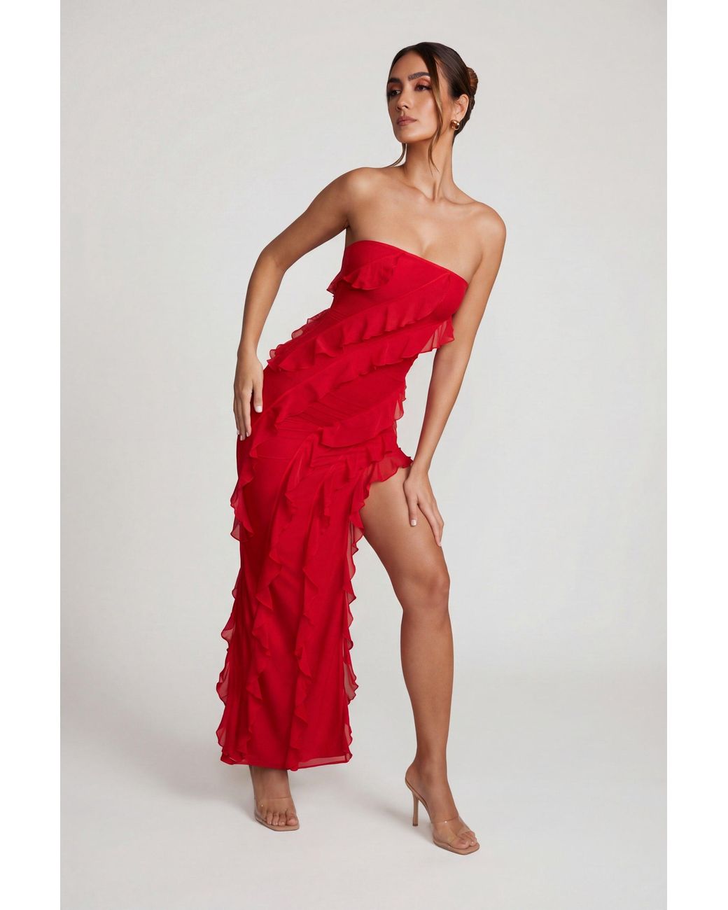 Oh Polly Red Bandeau Ruffle Detail Maxi Dress