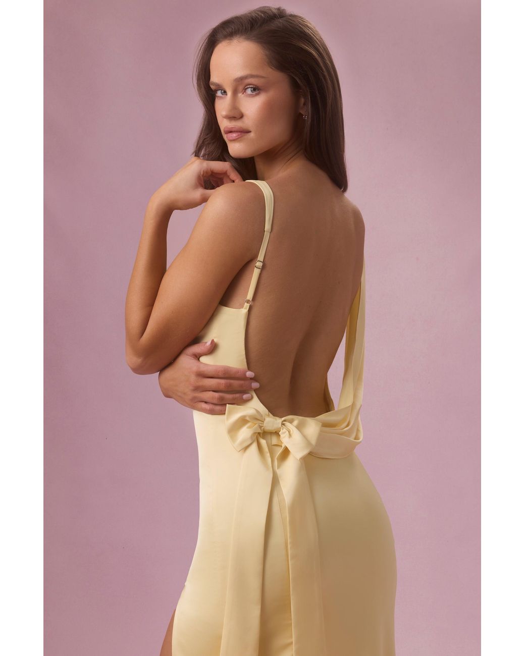 Oh Polly Yellow Satin Draped Bridesmaid Dress