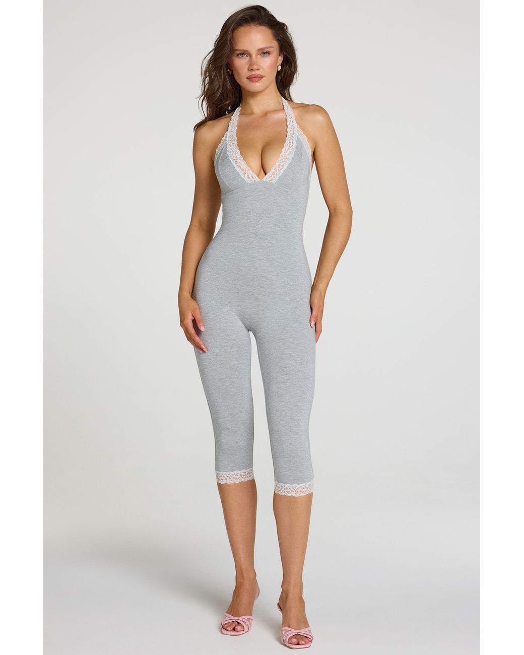 Oh Polly Gray Modal Lace-Trim Capri Jumpsuit
