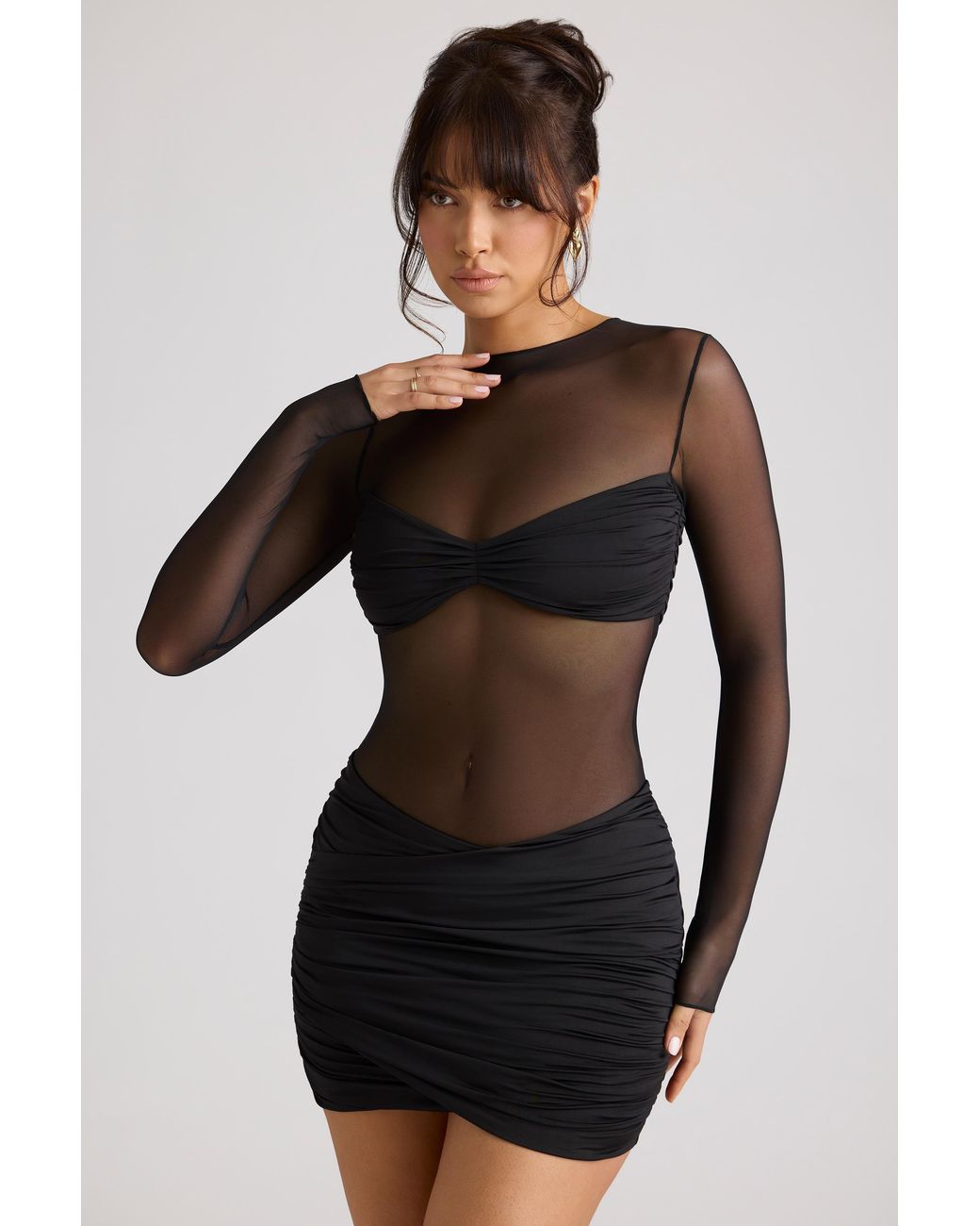 Oh Polly Black Sheer Panelled Long Sleeve Mini Dress