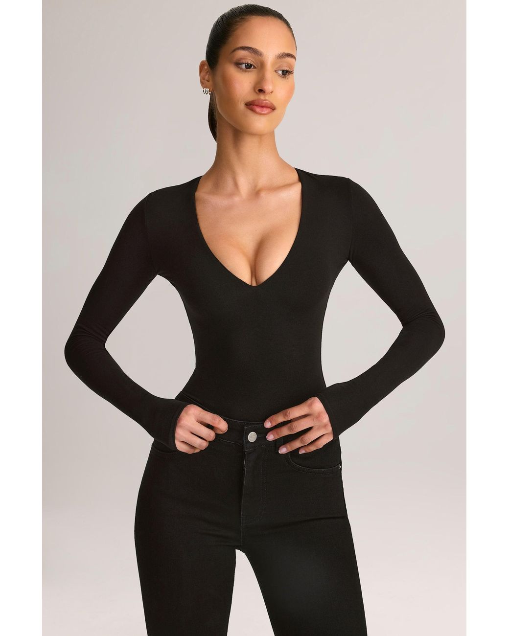 Oh Polly Black Modal Plunge Long-Sleeve Bodysuit