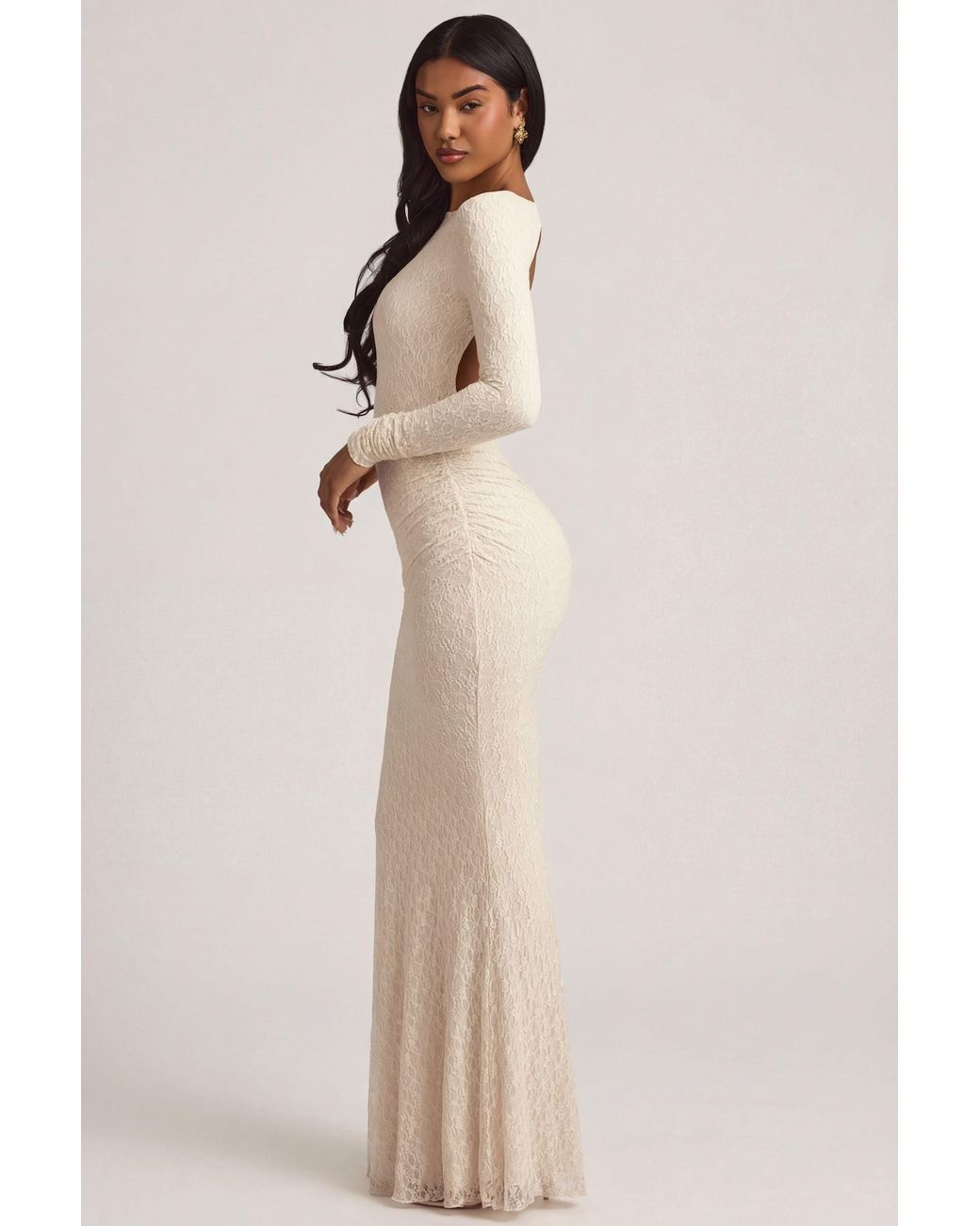 Oh Polly White Ruched Backless Lace Maxi Dress