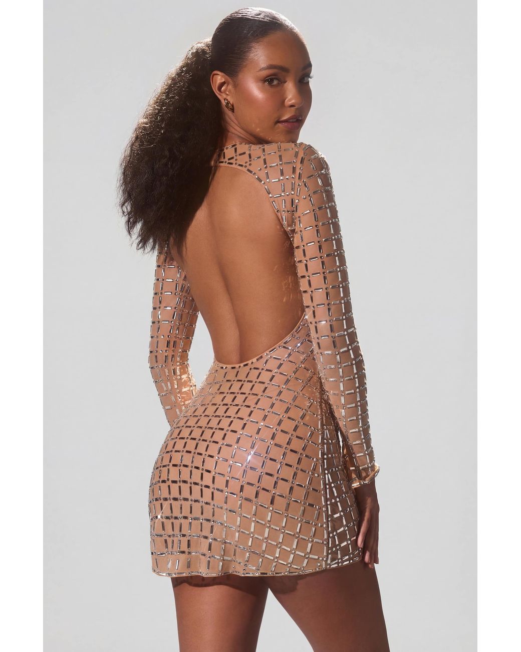 Oh Polly Natural Embellished Semi-Sheer Cut-Out Mini Dress