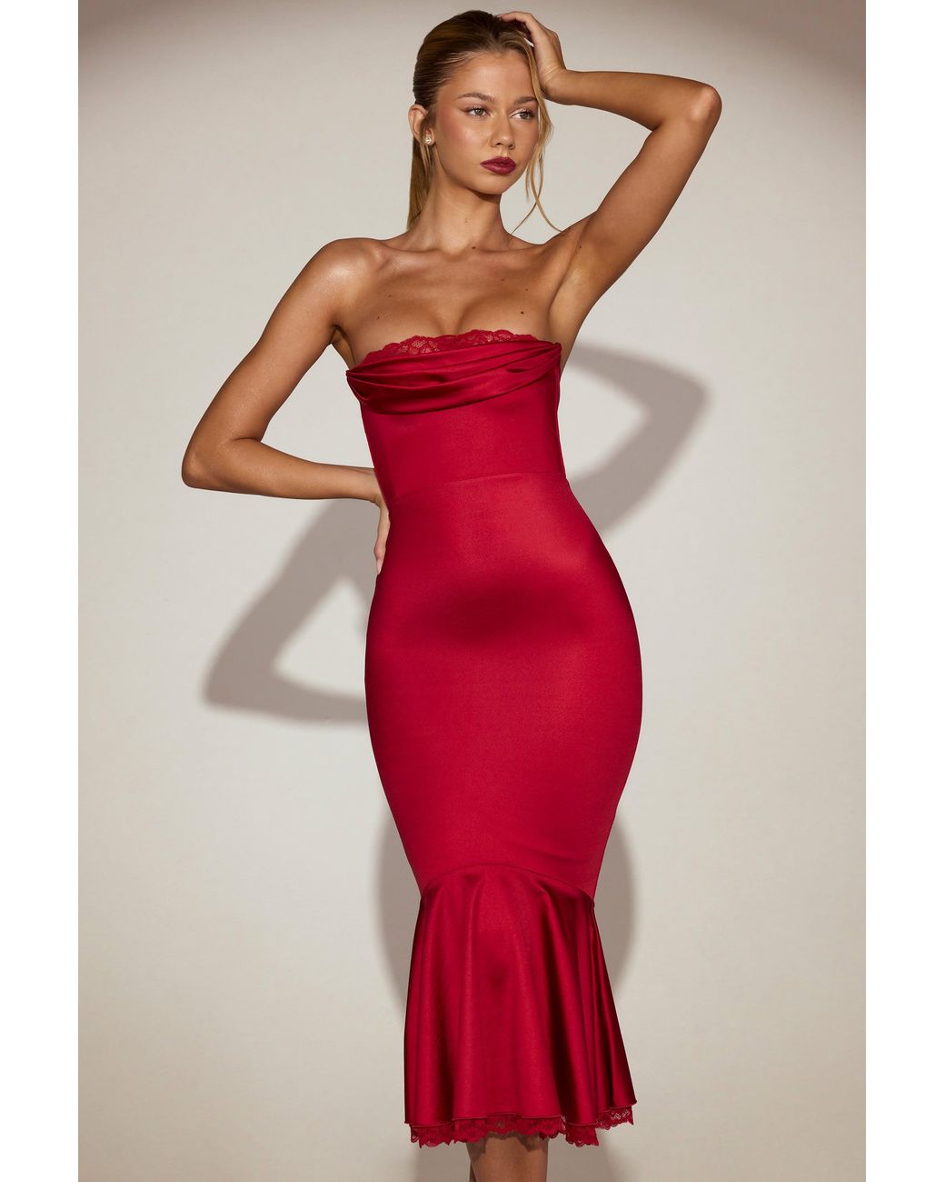 Oh Polly Red Satin Lace-Trim Bandeau Fluted Midaxi Dress