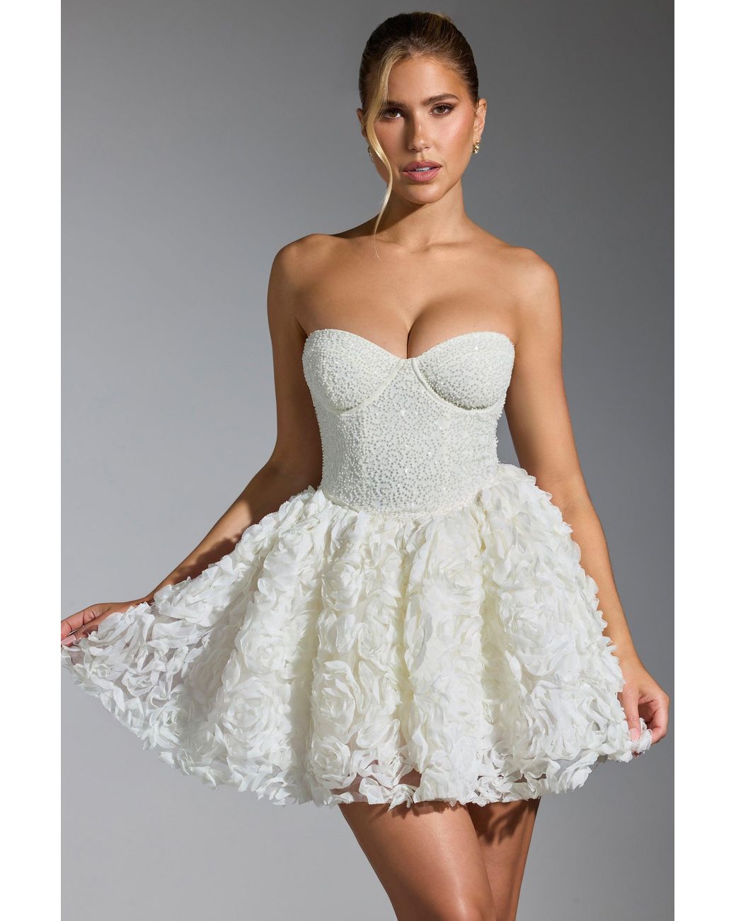 Oh Polly White Embellished Floral-Appliqué Lace-Up Mini Dress