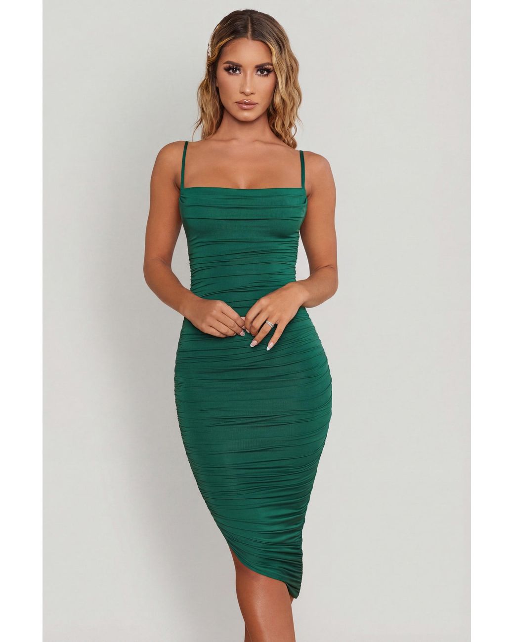 Oh Polly Green Cowl Neck Ruched Bodycon Midi Dress