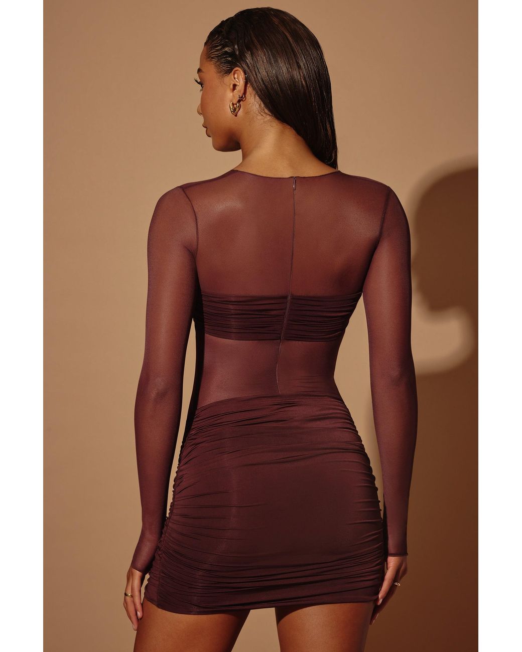 Oh Polly Brown Sheer Panelled Long Sleeve Mini Dress