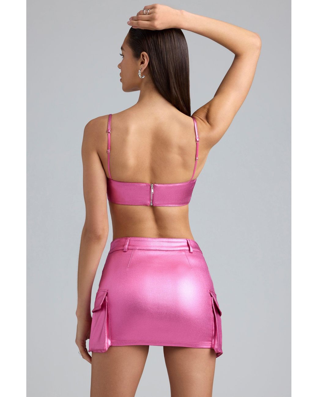 Oh Polly Pink Metallic Denim Mid-Rise Cargo Mini Skirt