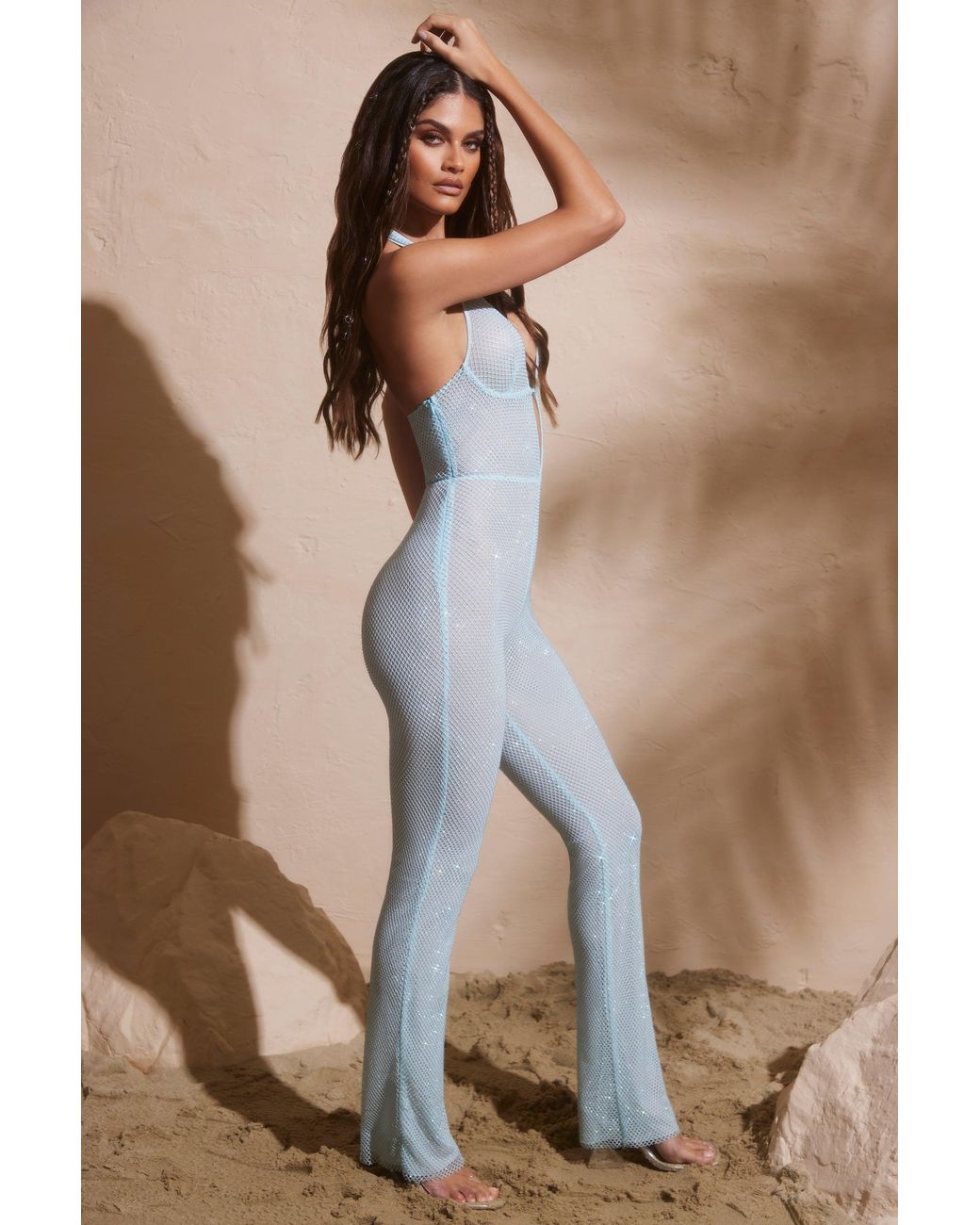 Oh Polly Blue Embellished Plunge Neck Jumpsuit
