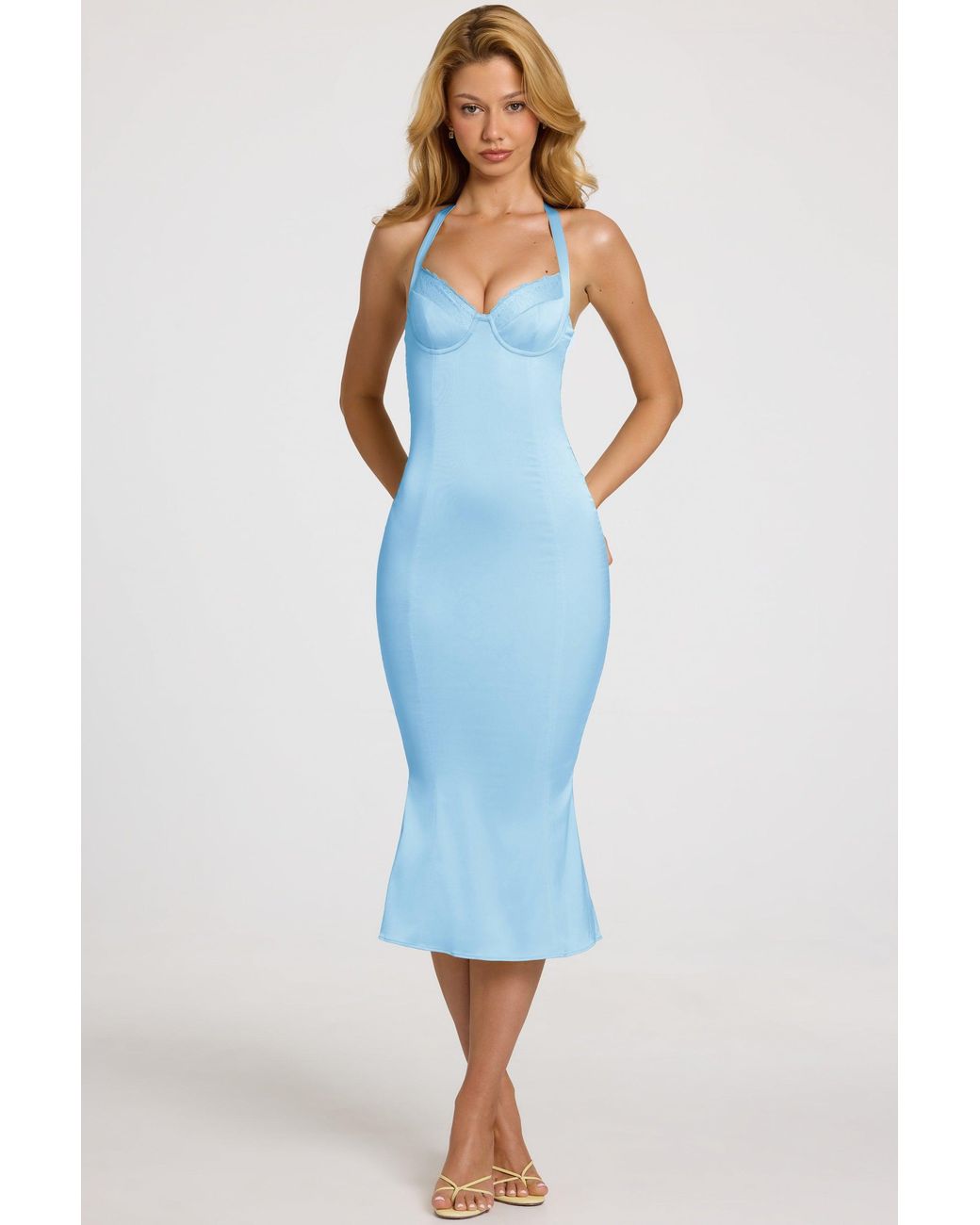 Oh Polly Blue Satin Sweetheart Bustier Fishtail Midaxi Dress