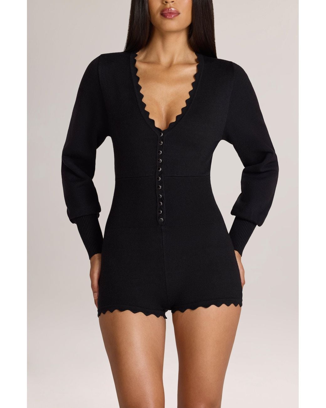 Oh Polly Black Knit Long-Sleeve Romper