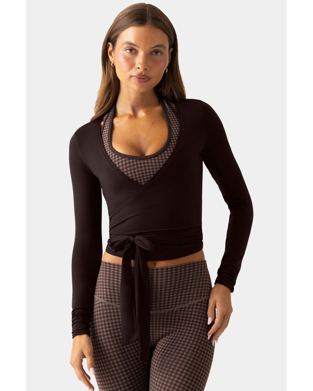 BO+TEE Brown Soft Jersey Wrap Top