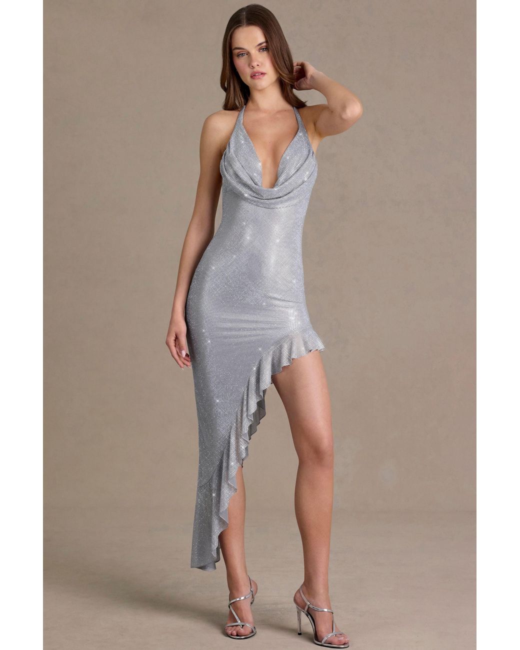 Oh Polly Metallic Embellished Plunge Asymmetric Maxi Dress