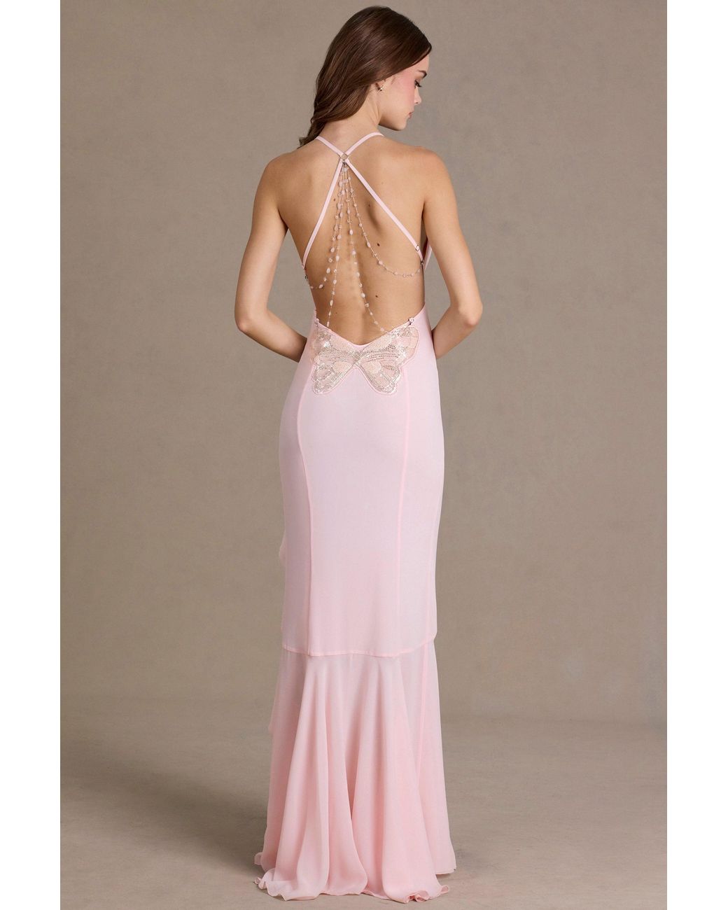Oh Polly Pink Chiffon Cowl-Neck Open-Back Gown
