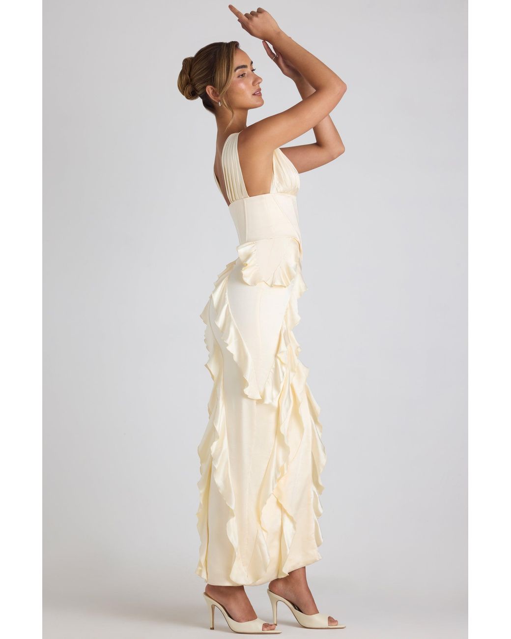 Oh Polly White Ruffle-Trim Corset Maxi Dress