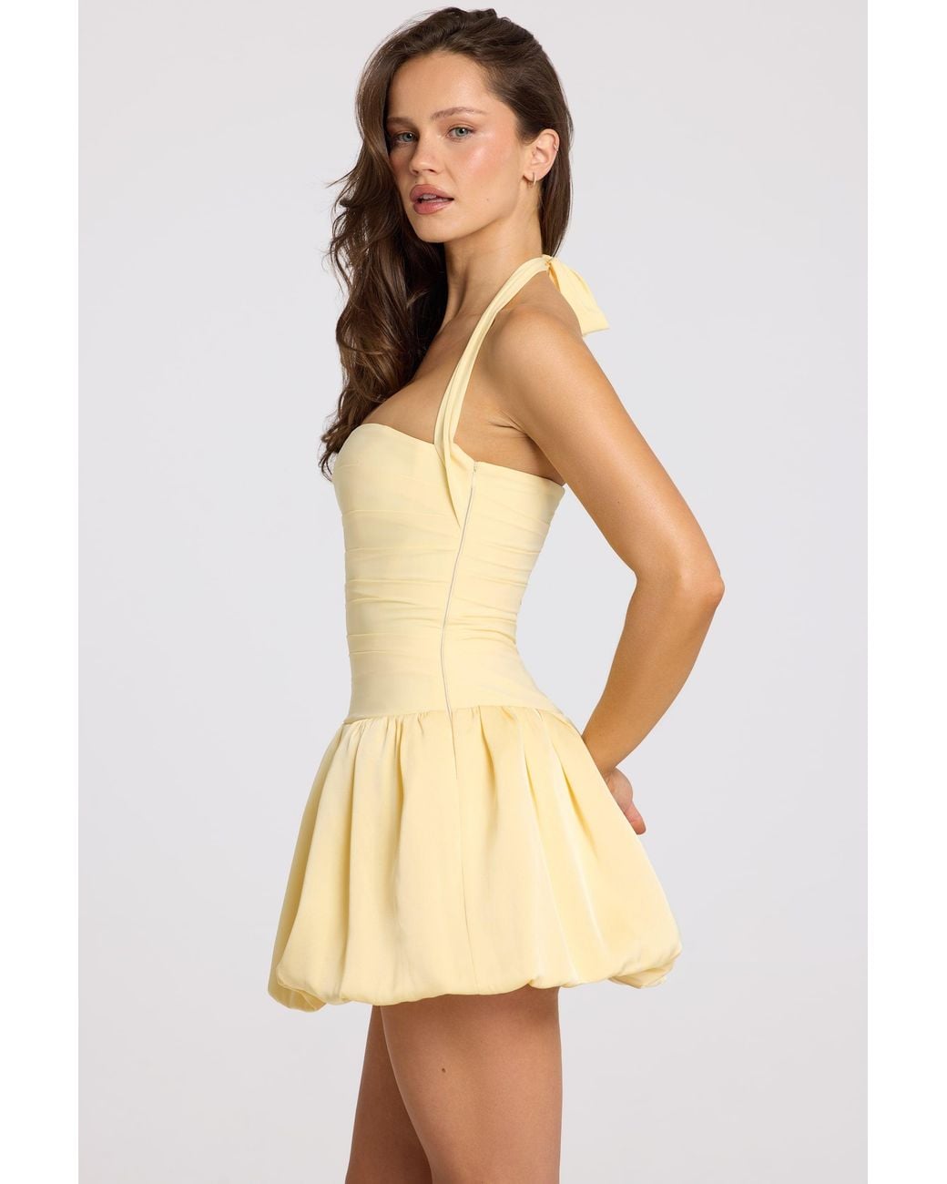Oh Polly Yellow Halterneck Lace-Up Bubble Hem Corset Micro Mini Dress