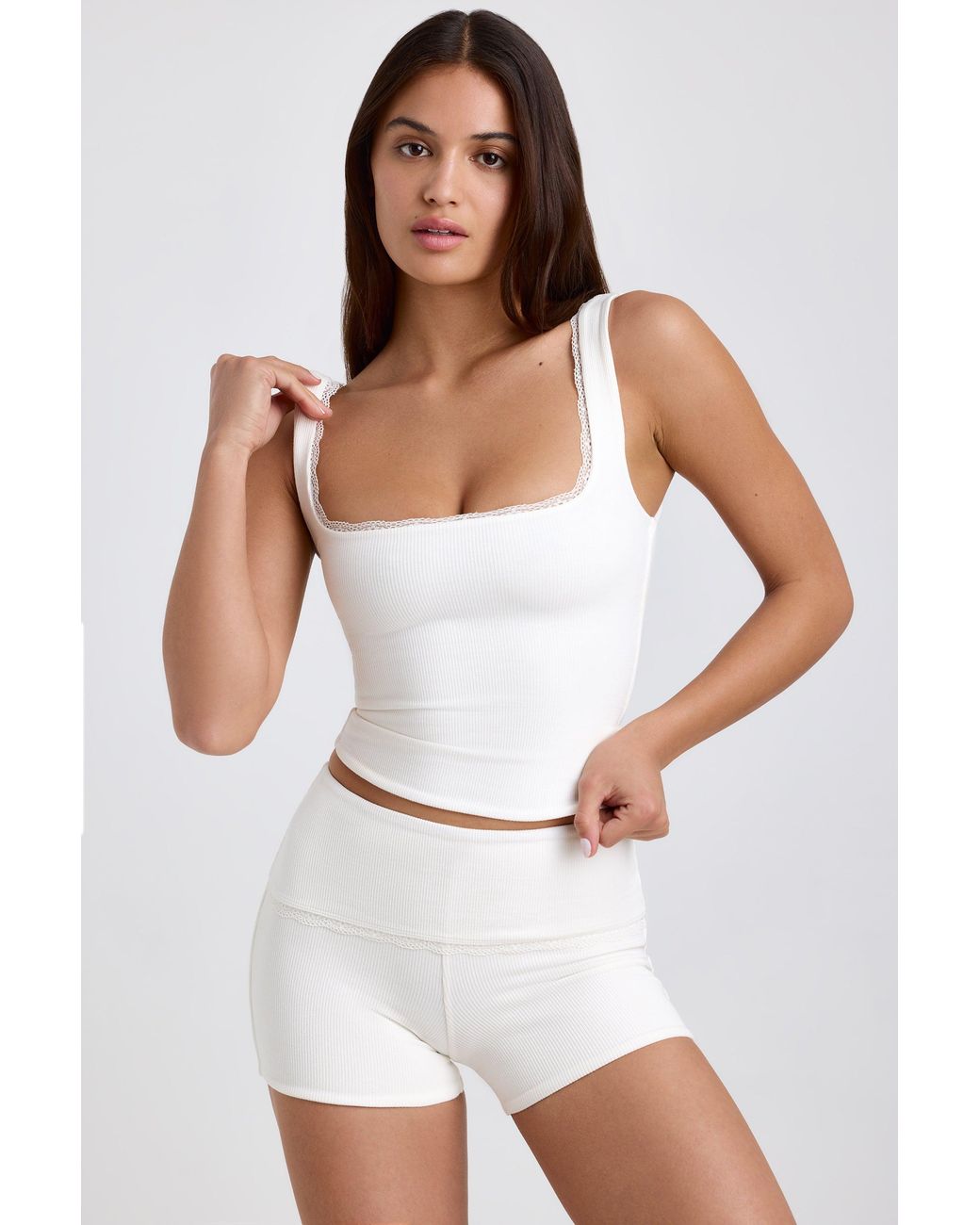 Oh Polly White Ribbed Modal Lace-Trim Tank Top
