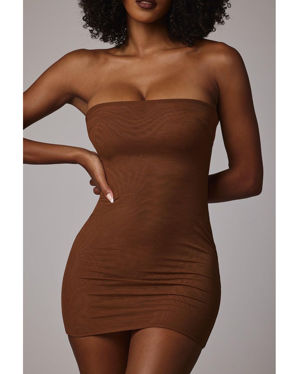 Oh Polly Brown Soft Sheer-Mesh Bandeau Mini Slip Dress