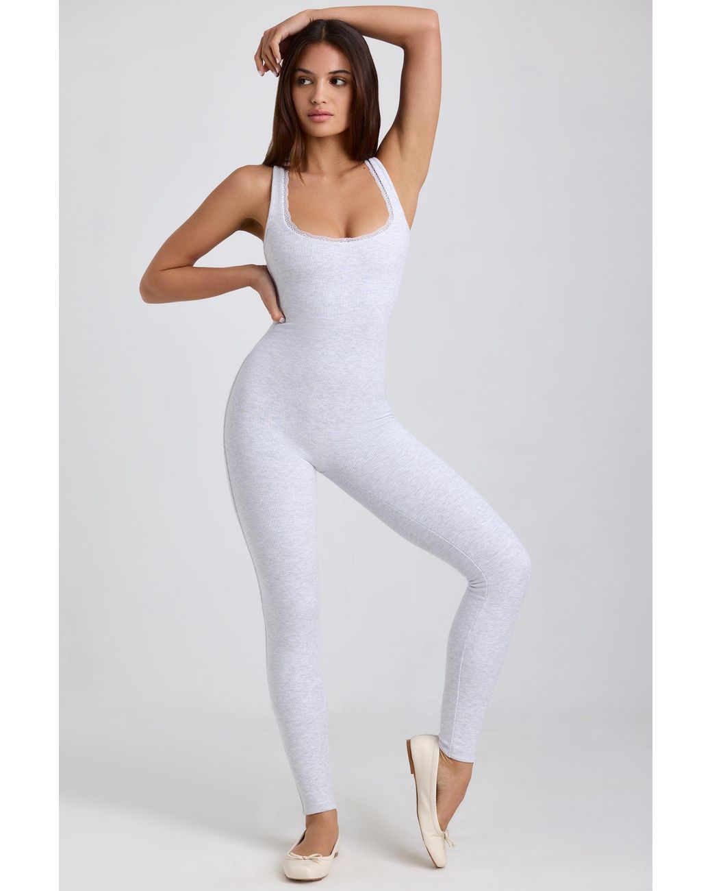 Oh Polly Gray Ribbed Modal Lace-Trim Jumpsuit
