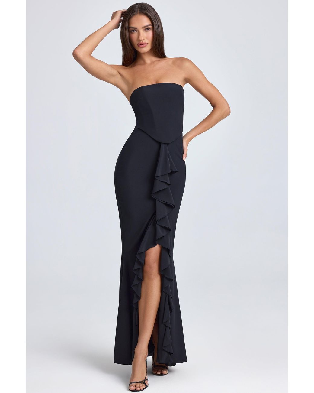 Oh Polly Black Bandeau Ruffle-Trim Corset Gown