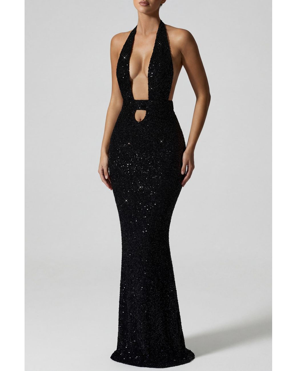Oh Polly Black Embellished Cut-Out Open-Back Midaxi Dress