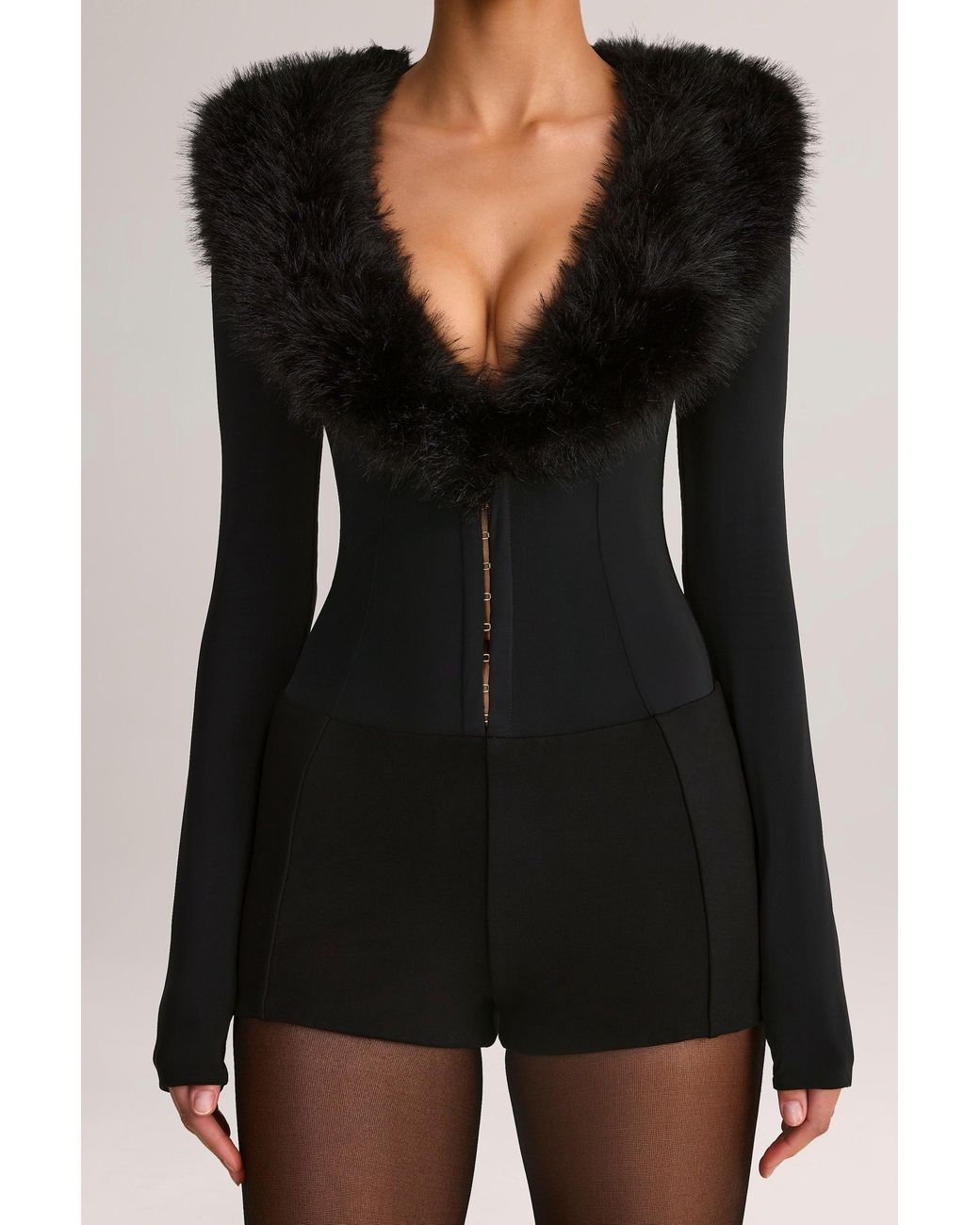 Oh Polly Black Faux Fur-Trim Corset Playsuit