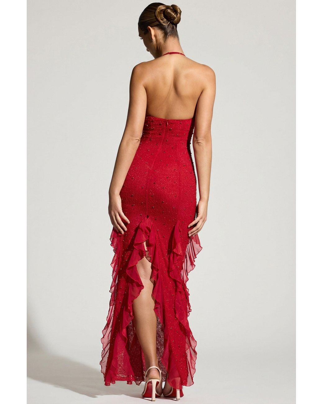 Oh Polly Red Embellished Halter Neck Ruffle Maxi Dress