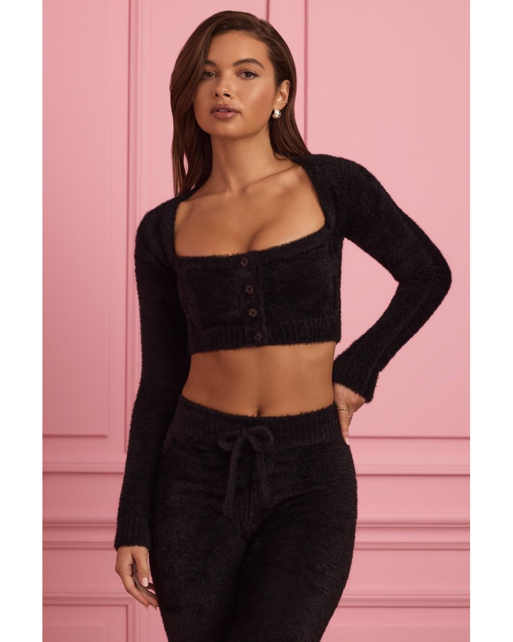 Oh Polly Black Fluffy Knit Cropped Cardigan