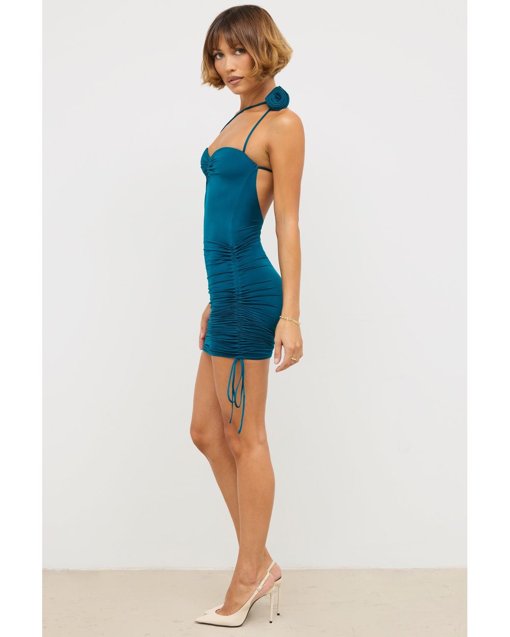 Oh Polly Green Slinky Jersey Rose Detail Ruched Mini/Midi Dress